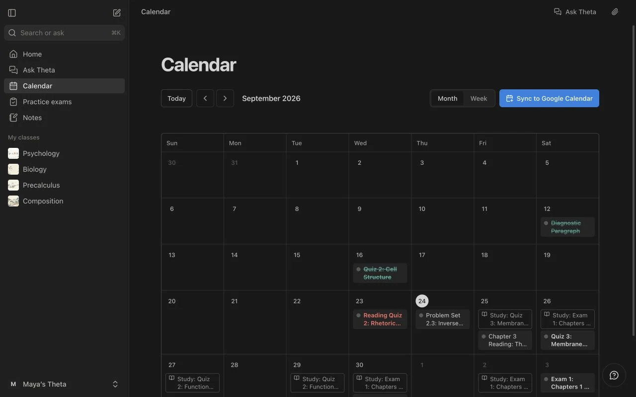 Theta's monthly calendar with sample class deadlines