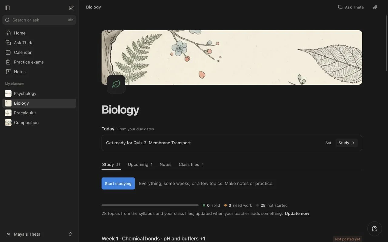 Theta's Biology class with topics, class files and upcoming work