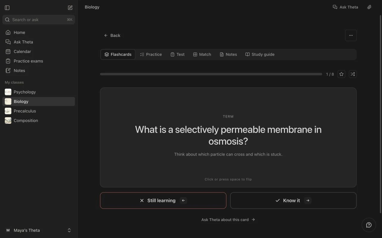 A Theta flashcard about osmosis, with study modes and learning controls