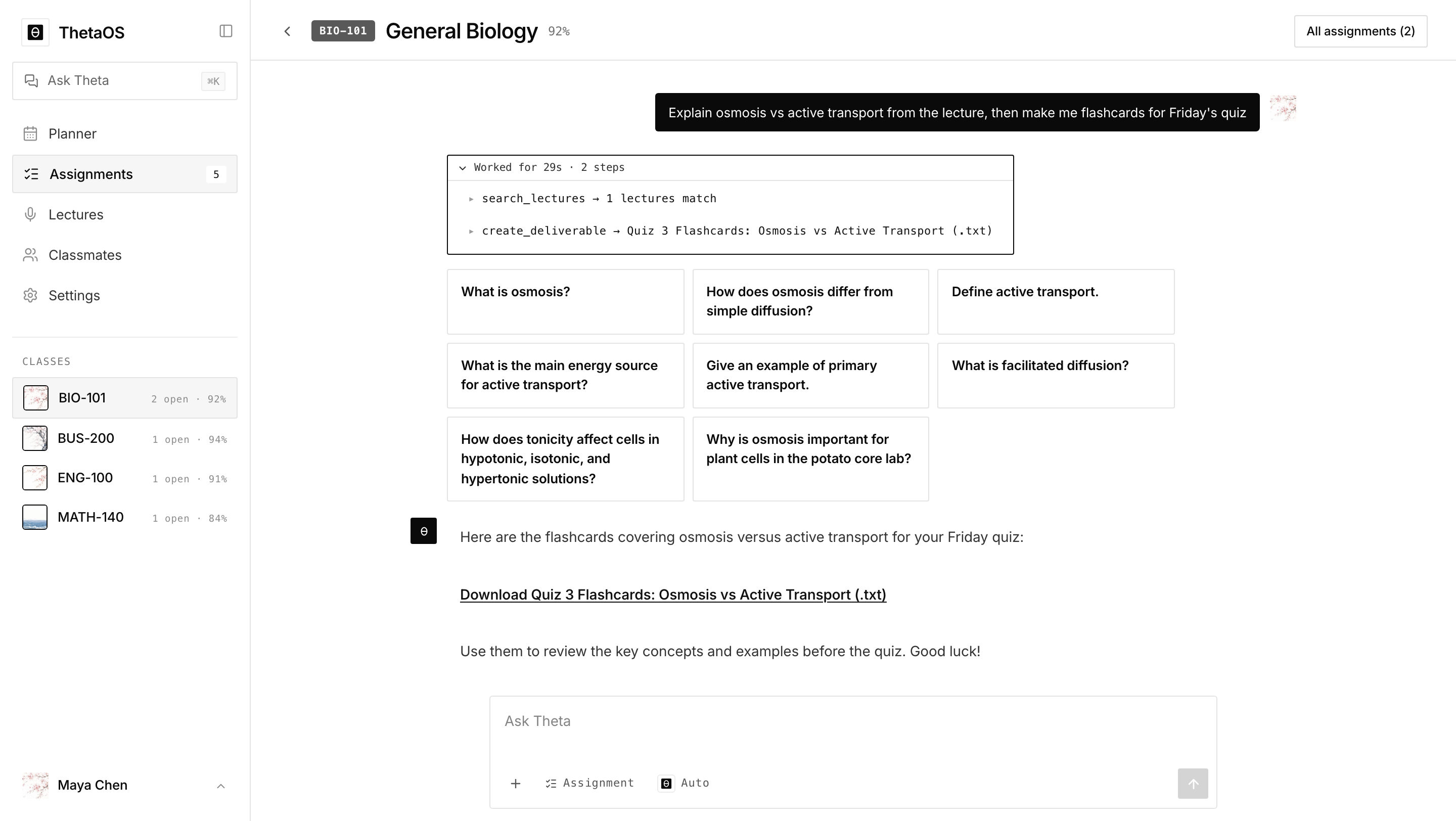 The Theta agent inside a class workspace: asked for flashcards before a quiz, it searches the recorded lecture, reads the assignment, and hands back the finished file